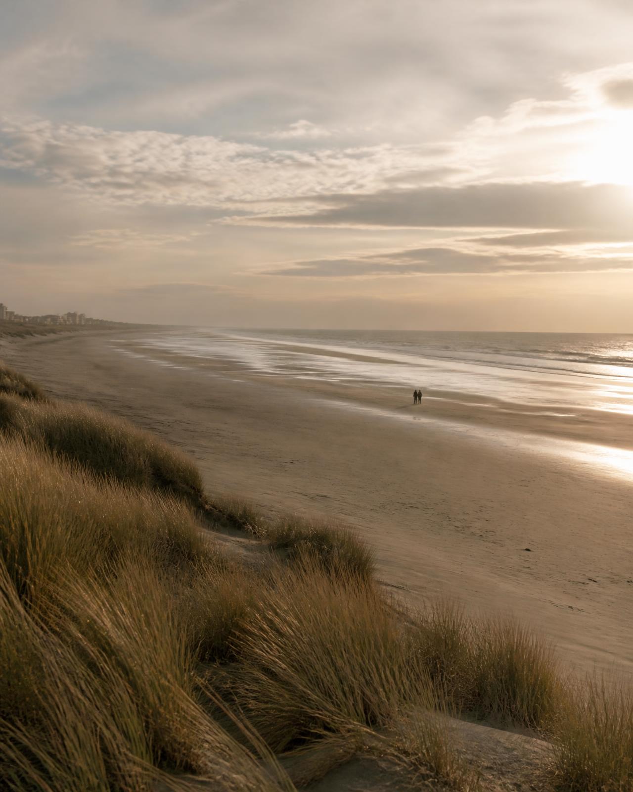 De Belgische kust bij zonsondergang